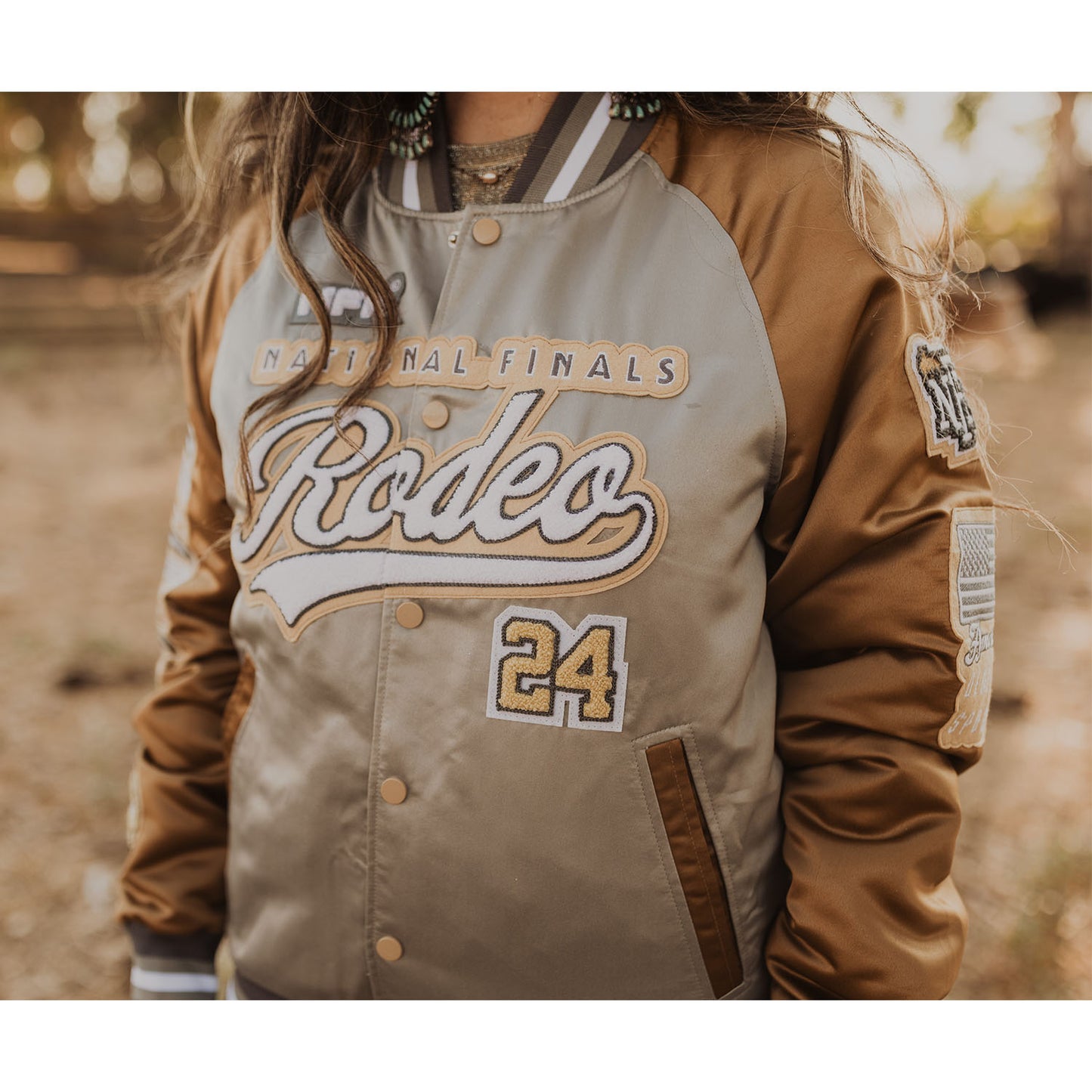NFR 2024 Ladies Rodeo Quincy Bomber Jacket - Model Image Close Up Front View
