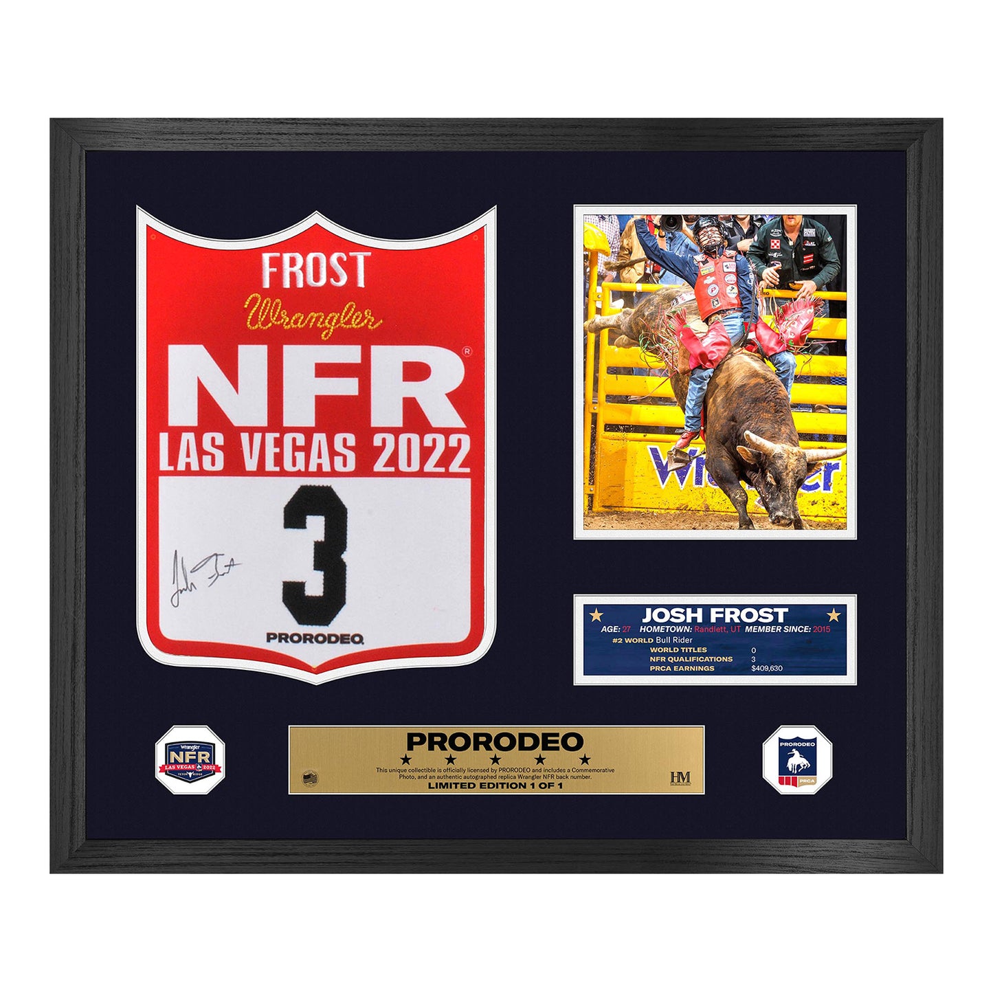2022 NFR Josh Frost Autographed Back Number Frame - Front View