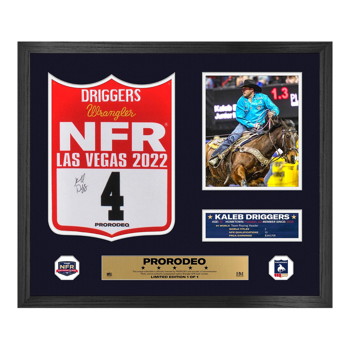 2022 NFR Kaleb Driggers Autographed Back Number Frame - Front View