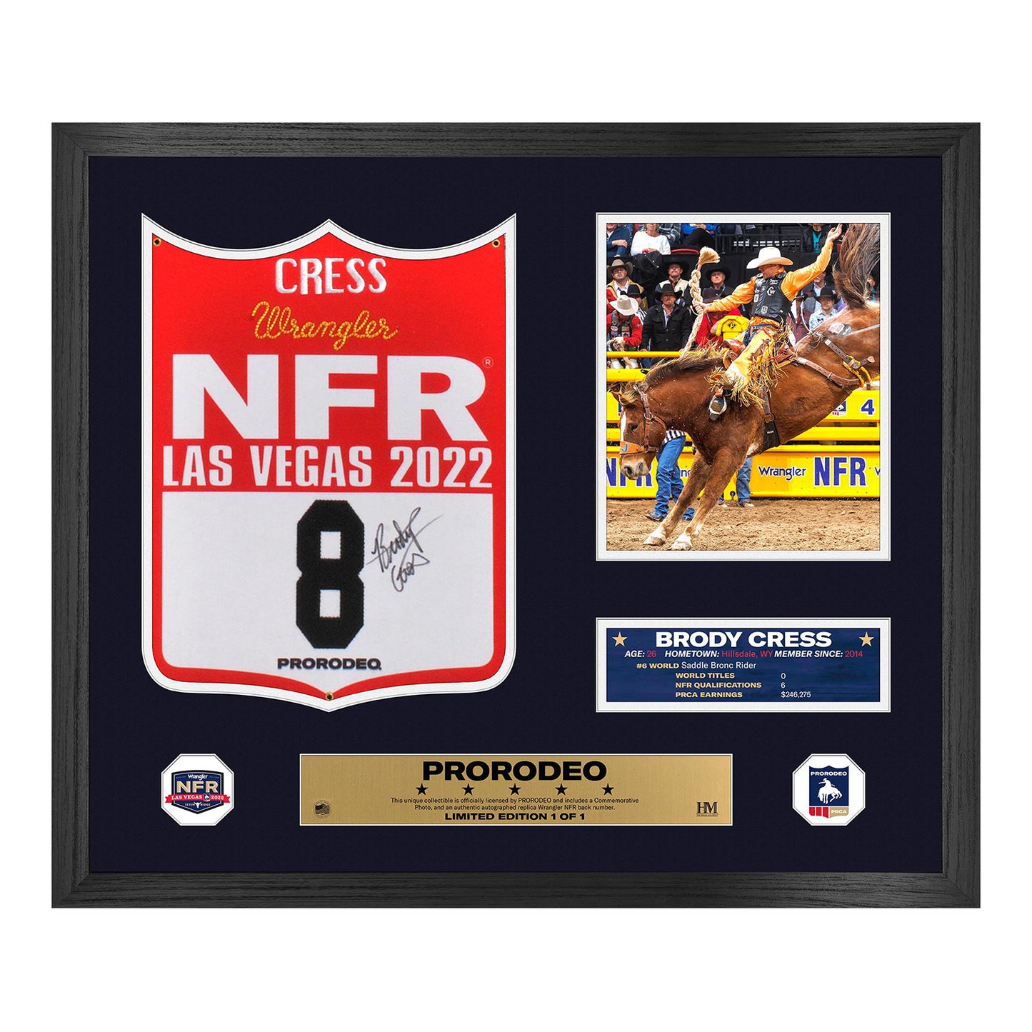 2022 NFR Brody Cress Autographed Back Number Frame - Front View