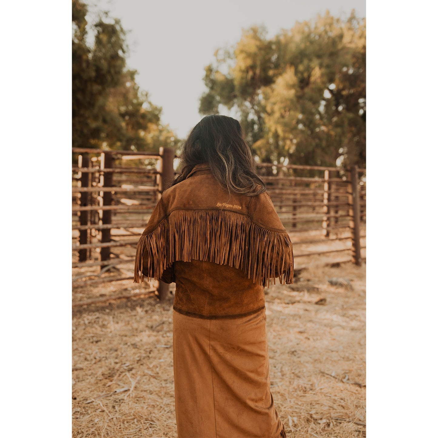 NFR 2024 Ladies Calamity Suede with Fringe Jacket - Model Image Back View