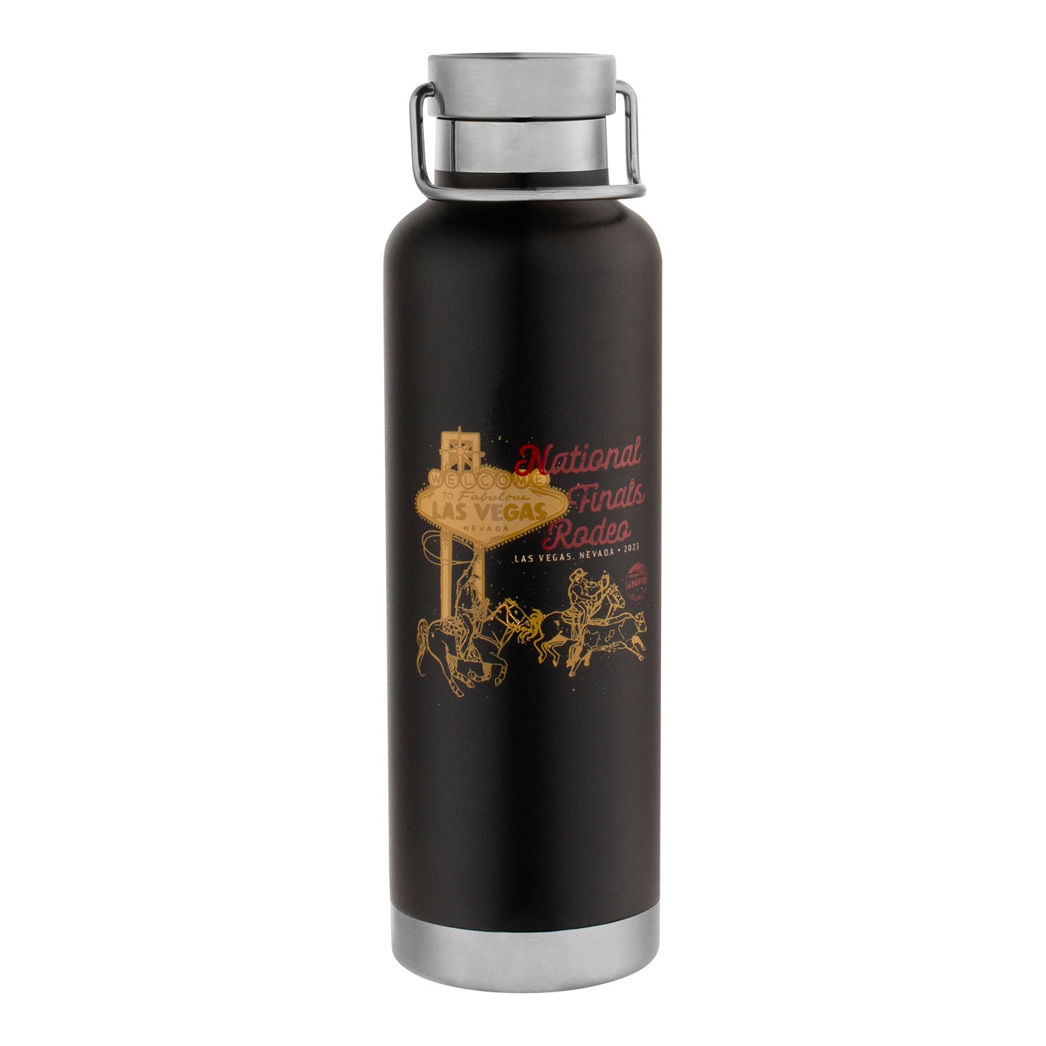 NFR 2023 Welcome to Las Vegas Water Bottle in Black - Front View