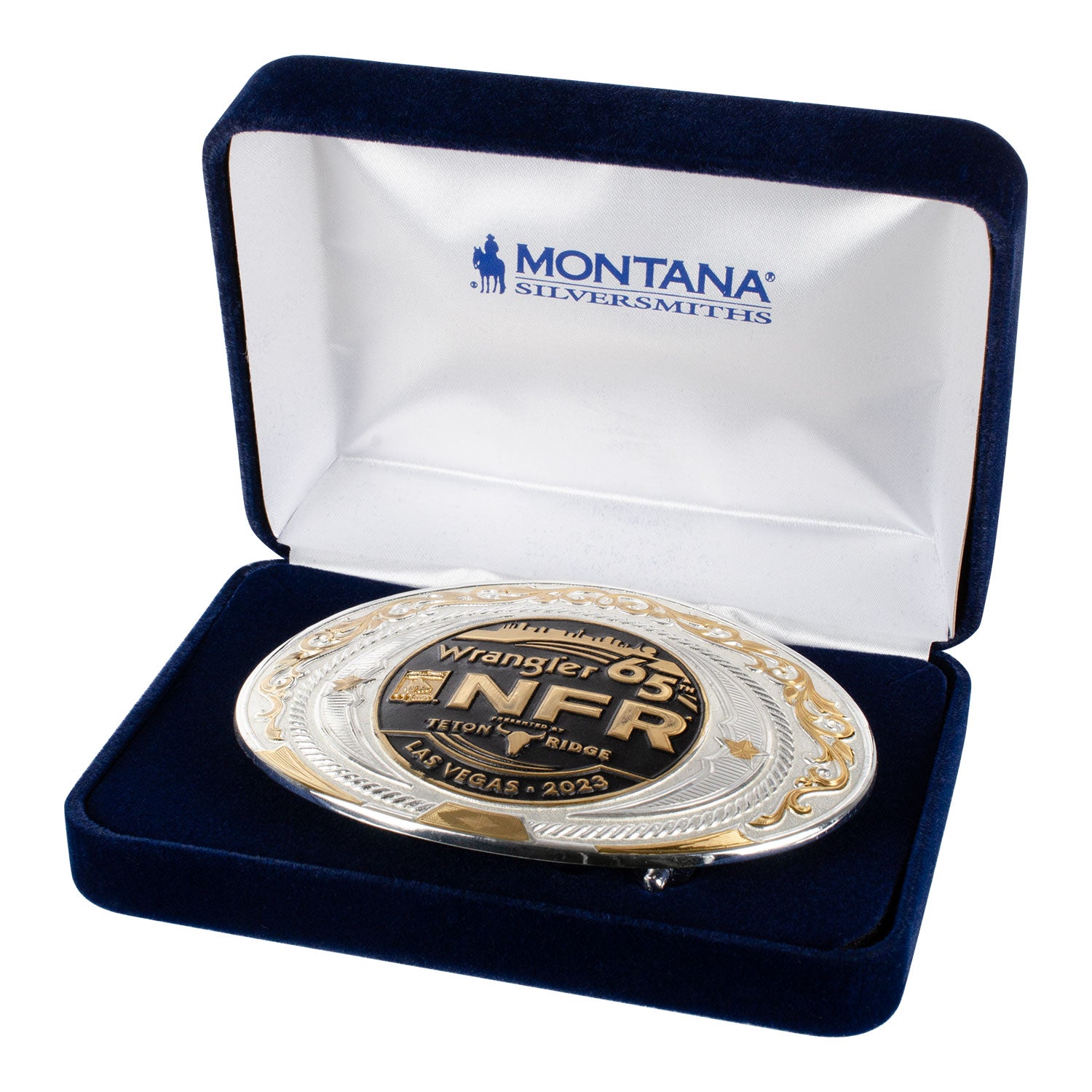 NFR 2023 Silver and Gold Belt Buckle - Box View 