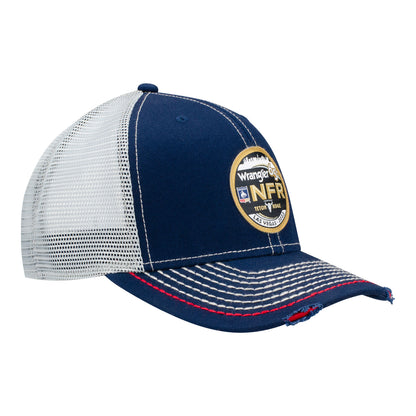 NFR 2023 Event Frayed Bill Mesh Hat in Blue and White - Angled Right Side View