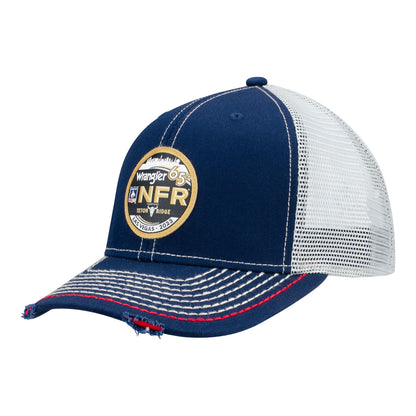 NFR 2023 Event Frayed Bill Mesh Hat in Blue and White - Angled Left Side View