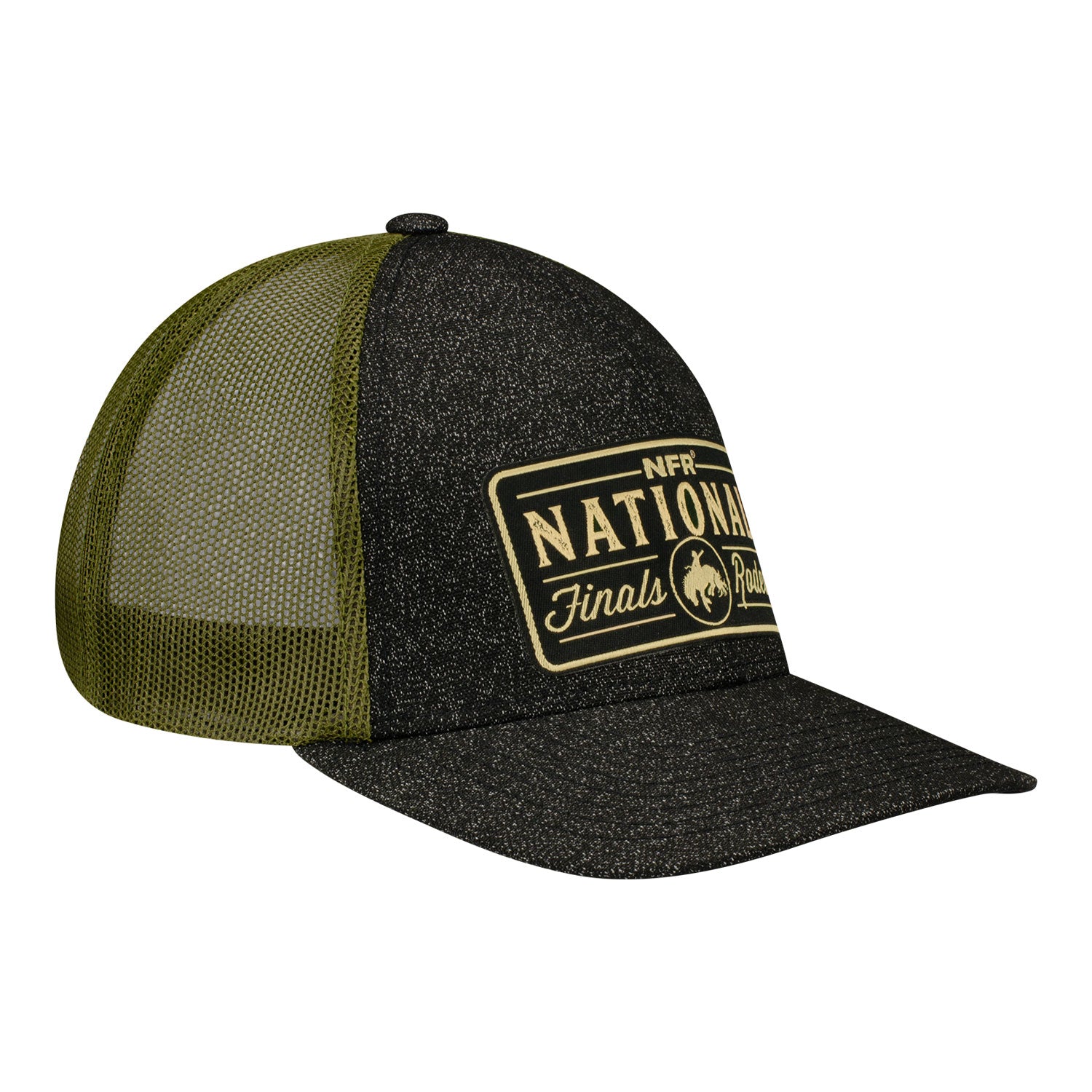 NFR 2023 Rectangle Patch Trucker Hat in Green and Grey - Angled Right Side View
