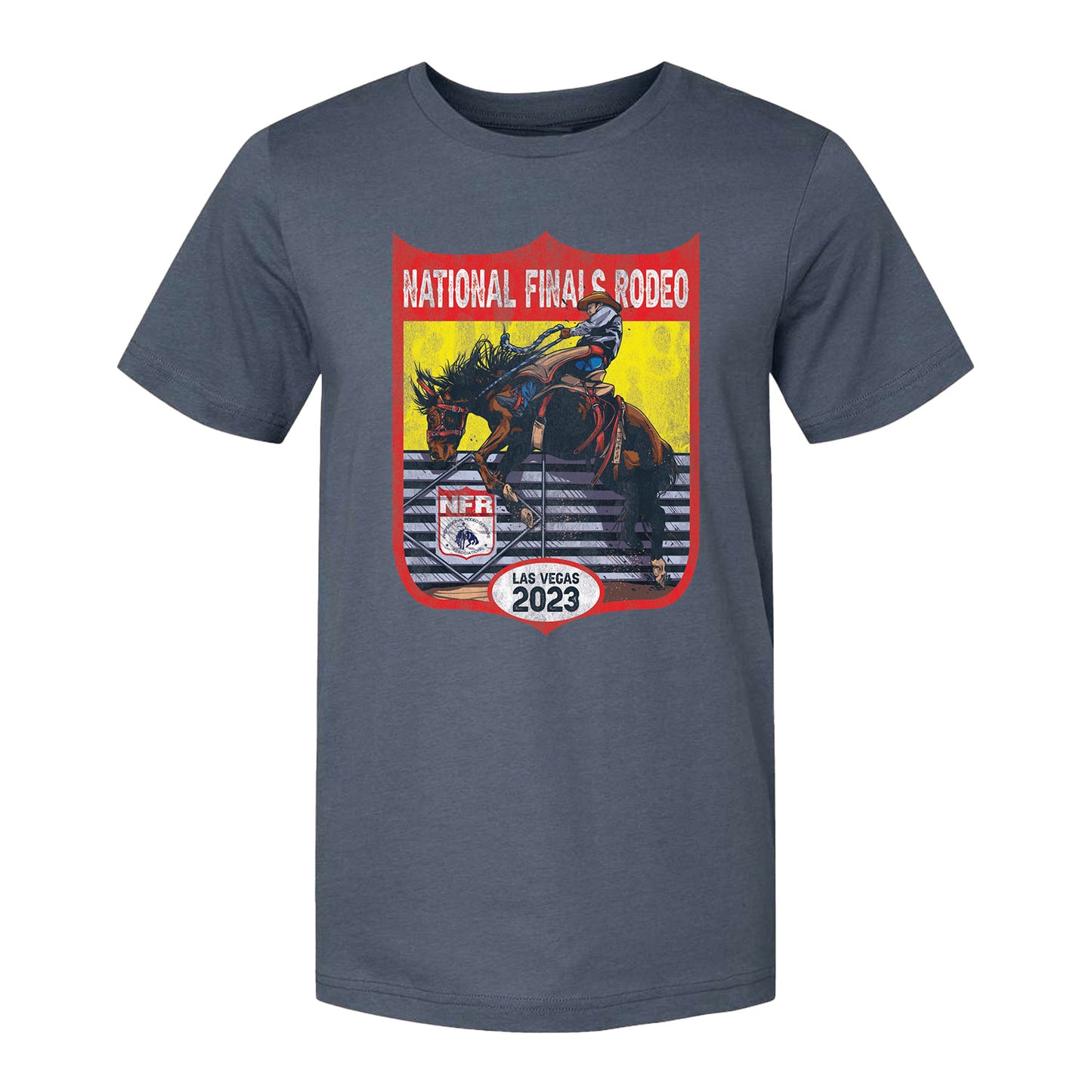 NFR 2023 Bucking Bronco Shield Men's T-Shirt - Front View