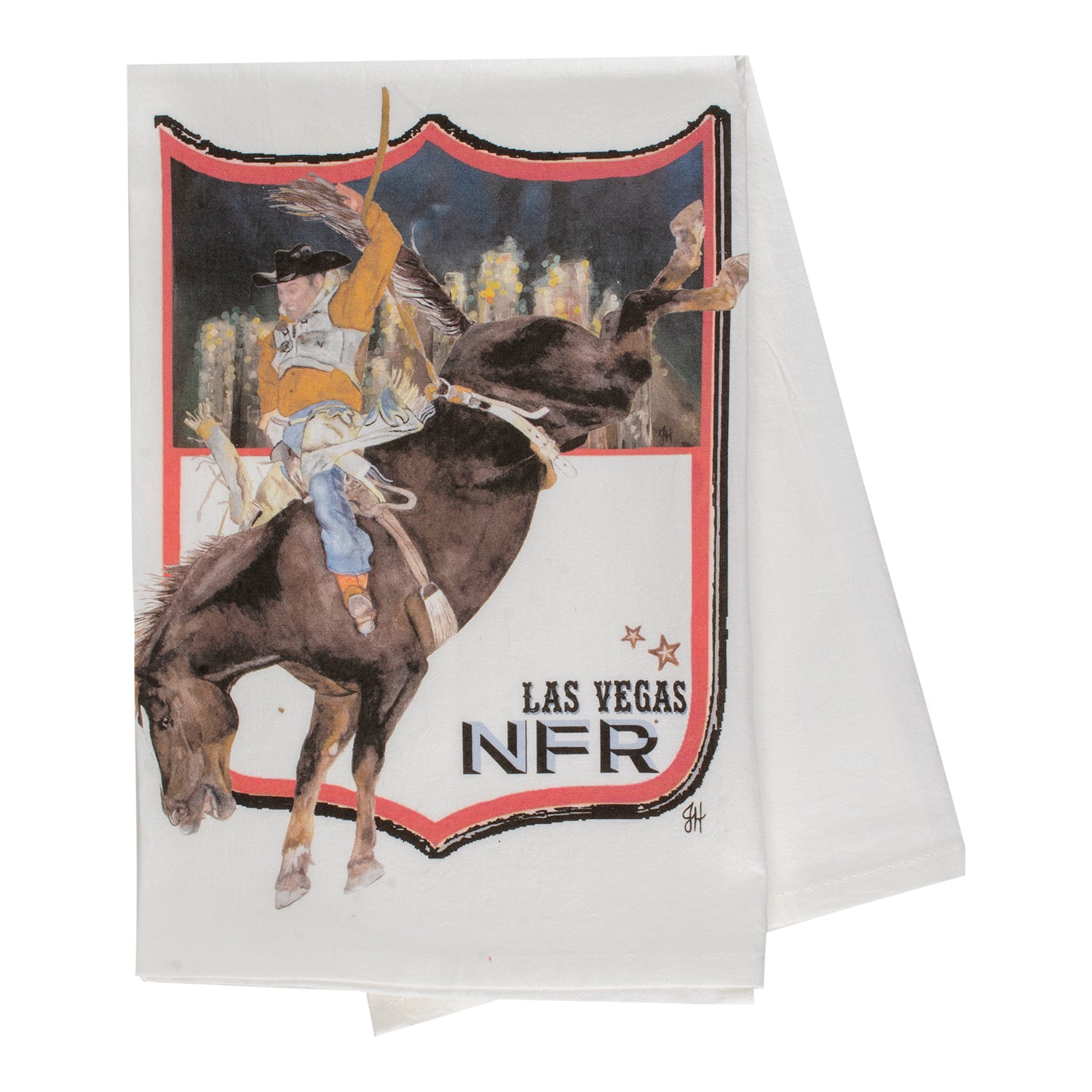 NFR Dolly Estelle Bareback Riding Dish Tea Towel - Front View