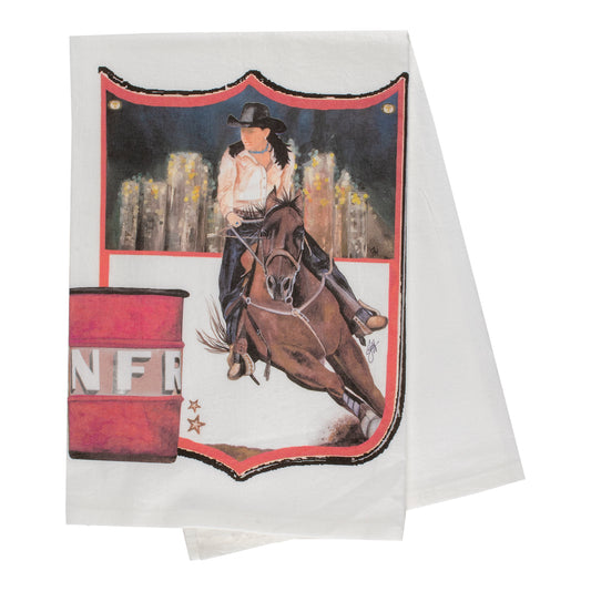 NFR Dolly Estelle Barrel Racing Dish Tea Towel - Front View