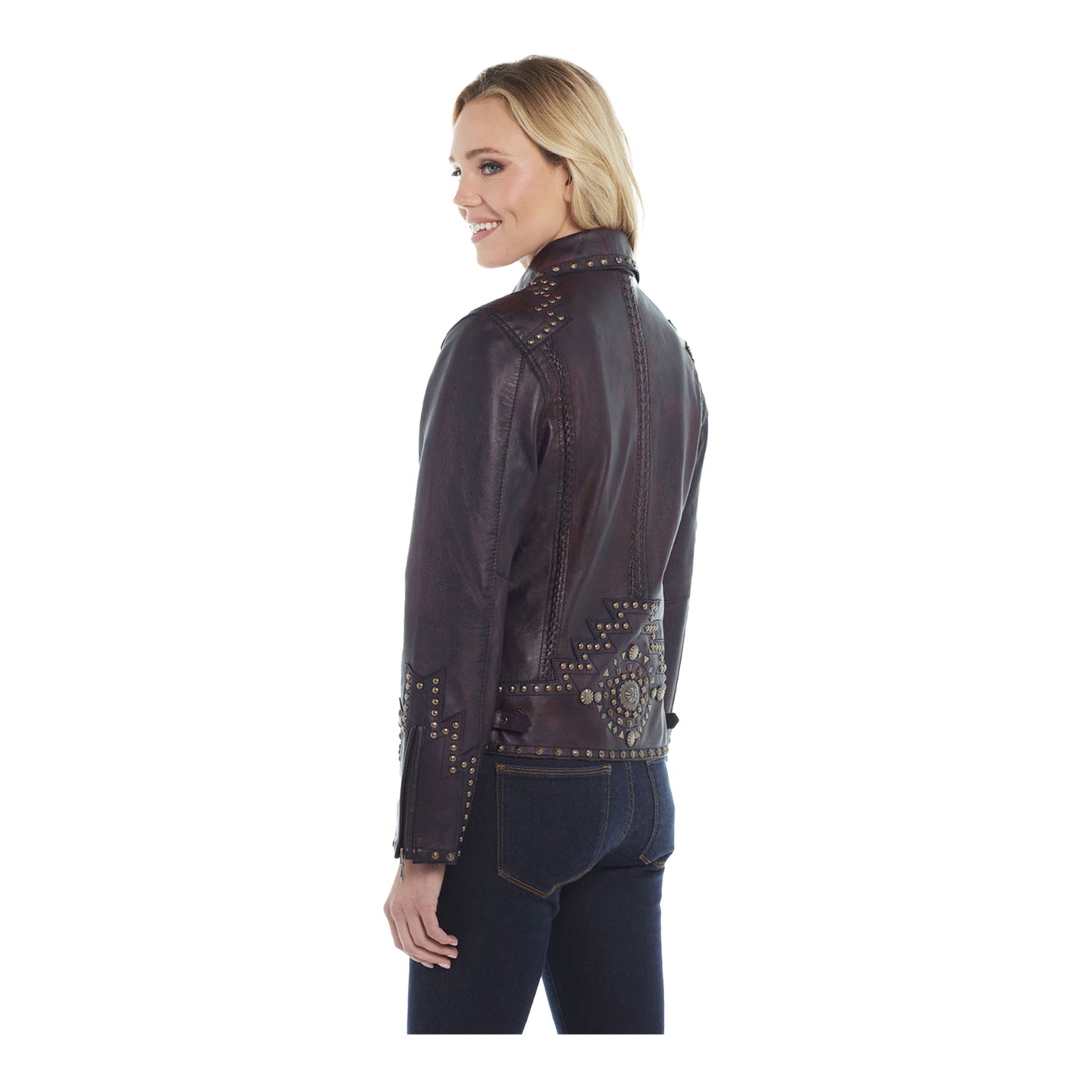 NFR Ladies Studded Leather Jacket - Angled Rear Left Side View