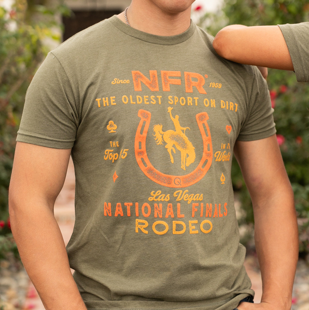 NFR Rodeo Quincy Oldest Sport on Dirt T-Shirt - Zoomed in Model Front View